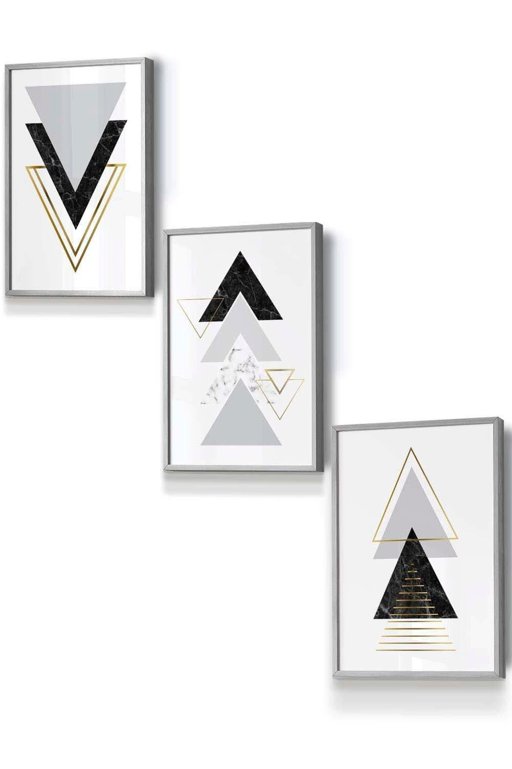 Black Grey Geometric Triangle Set Framed Wall Art - Small